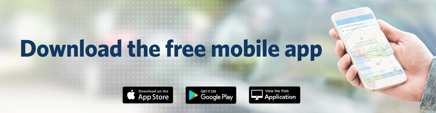 Download the free commute connector app on the apple store, google store, or view the web application.