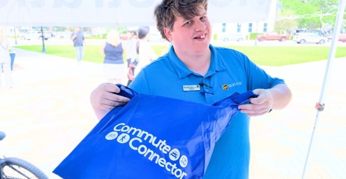 person with commute connector bag