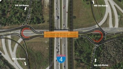 This project includes the design and reconstruction of the I-4 at SR 557 Interchange from an existing partial cloverleaf interchange configuration to a diamond interchange. Right-of-way has already been acquired for this project and no additional right-of-way is needed.
The intent of this project is to prepare the median along I-4 to accommodate the future I-4 Master Plan (Ultimate) improvements with provisions for special purpose (express) lanes and a high-speed rail (HSR) corridor. This project realigns the existing eastbound and westbound general use travel lanes to the outside to coincide with the I-4 Ultimate alignment. SR 557 will be widened to 4-travel lanes, two in each direction, within the limits of the State’s limited access right-of-way, with roadway transitions to the existing two-lane County Road (CR 557) north and south of the interchange.
Dual teardrop shaped roundabouts will be provided on SR 557 at the I-4 on-ramp and off-ramp terminals. The existing two-lane bridge over I-4 will be demolished and replaced with a new four lane bridge that accommodates the necessary horizontal and vertical clearances over the I-4 Ultimate corridor.
A new wildlife crossing will be provided under I-4, east of the interchange, to facilitate the movement of wildlife between the north and south sides of I-4. Emergency stopping sites will be provided on both I-4 off-ramps to SR 557 and conventional roadway lighting will be provided along I-4 and SR 557.