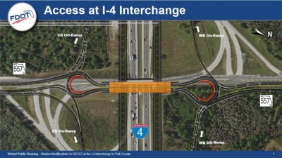 The existing bridge will be demolished, and a new four-lane bridge (shown in orange) will be built over I-4.

A new divided median and roundabouts will improve safety for drivers by reducing the potential for crashes. The roundabouts provide full access to drivers exiting I-4 to go north toward unincorporated Polk County or south toward Lake Alfred/Winter Haven. The roundabouts will also provide full access to drivers traveling on State Road 557 wanting to take I-4 west toward Tampa or I-4 east toward Orlando.