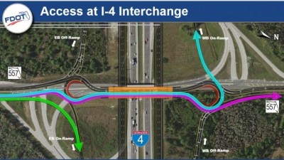 If you are driving north along SR 557, you can continue through both roundabouts into unincorporated Polk County (purple line) or take the ramp before the first roundabout to I-4 East toward Orlando (green line). To head west on I-4 toward Tampa, you will travel over the bridge (orange) and go three quarters of the way around the second roundabout and take the I-4 West ramp toward Tampa (blue line).