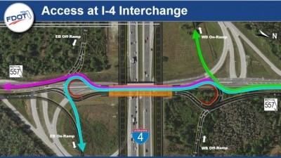 If you are driving south along SR 557, you can continue through both roundabouts toward Lake Alfred/Winter Haven (purple line). To enter I-4 westbound, take the first roundabout to I-4 West toward Tampa (green line) or travel over the bridge (Orange) and go three quarters of the way around the second roundabout to take the I-4 East ramp toward Orlando (blue line).