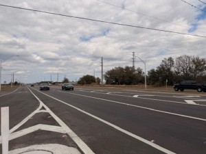 Newly paved US 17 southbound lanes at CR 640 intersection. View from the new pedestrian island.