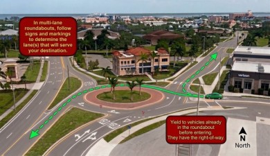 Carmalita Roundabout - How to access northbound, eastbound, and southbound from Carmalita Street.