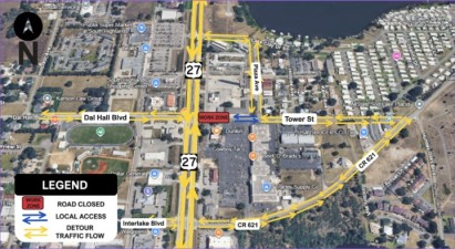 Detour map shows a temporary closure of Tower Street at U.S. 27 during Phase 4 construction. U.S. 27 remains open in both directions. Traffic traveling east and west on Tower Street is detoured via County Road 621 and Interlake Boulevard. Local access is maintained near the work zone.