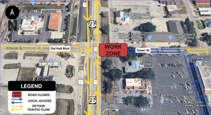 The map shows the temporary closure of Tower Street at U.S. 27 during Phase 4 construction. U.S. 27 remains open in both directions. Local access to Tower Street businesses and properties is maintained from the east side of the work zone using designated access routes shown in blue. Yellow arrows indicate detour traffic flow around the closure.