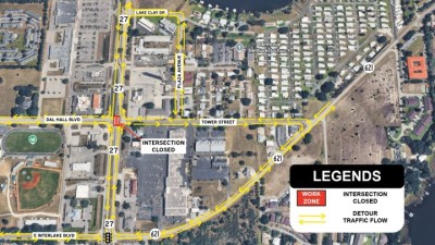 Overview of the Tower Street detour route, showing the intersection closure at U.S. 27, Dal Hall Boulevard, and Tower Street and the alternate route using County Road 621, Plaza Avenue, and Lake Clay Drive.