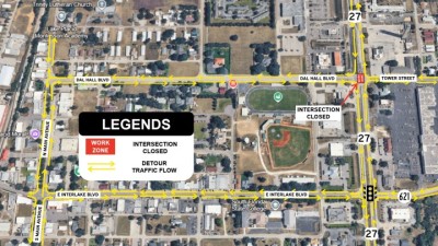 Overview of the Dal Hall Boulevard detour route, showing how traffic will be redirected around the closed intersection via U.S. 27, East Interlake Boulevard, County Road 621, and Main Avenue.