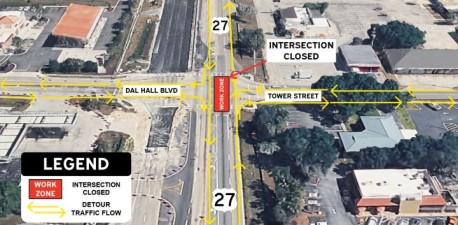Close-up view of the intersection closure at U.S. 27 and Dal Hall Boulevard/Tower Street, highlighting the work zone and detour traffic flow directions