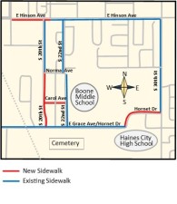 Sidewalks being added during this project are shown in red. Existing sidewalks that they connect are shown in blue. New sidewalk will be constructed in four locations. One: on the east side of South 20th Street from East Grace Avenue to just north of Norma Avenue; Two: on the south side of Carol Avenue from South 2oth Street to South 22nd Street; Three: on the north side of Hornet Drive from South 30th Street to East Grace Avenue; and, Four: on the south of East Hinson Avenue from US 17/92 to Robinson Drive.