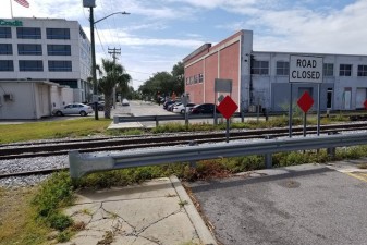 Downtown Lakeland on the north side of the closed Railroad crossing on New York Ave. looking south towards the New York Ave Cycle Track